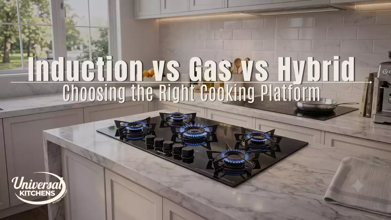 A modern kitchen with a lit gas hob on a marble island and an induction cooktop in the background, with text that reads: "Induction vs Gas vs Hybrid: Choosing the Right Cooking Platform" and the Universal Kitchens Boutique Selection logo.