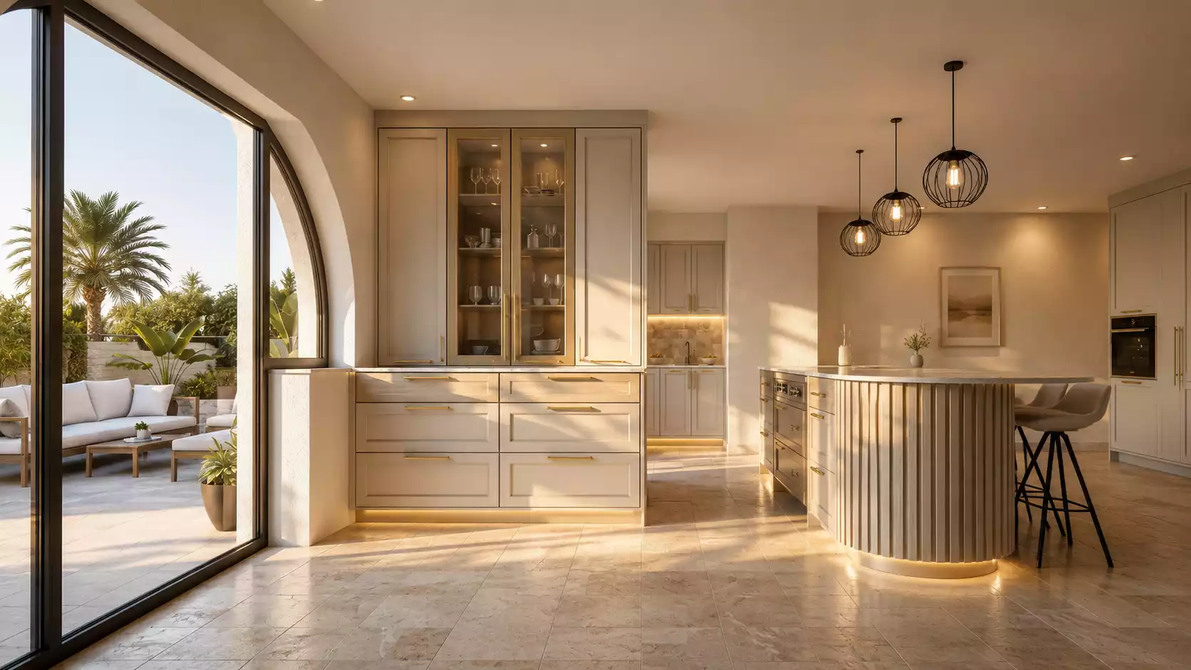 A bright, elegant kitchen interior featuring light-toned cabinetry with glass-front display units, gold hardware, and a curved kitchen island with fluted detailing, all bathed in warm sunlight that streams in from a large arched doorway leading to an outdoor patio with comfortable lounge seating."