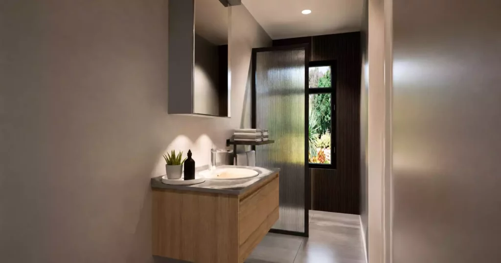 A modern bathroom featuring a floating wooden vanity with a marble countertop, a grey medicine cabinet, and a fluted glass partition screen next to a window.