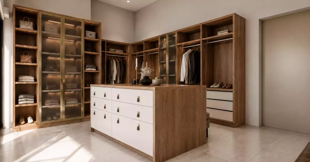 A luxurious walk-in wardrobe with lit wooden shelves, a wooden central island featuring white drawers, and open garment displays.