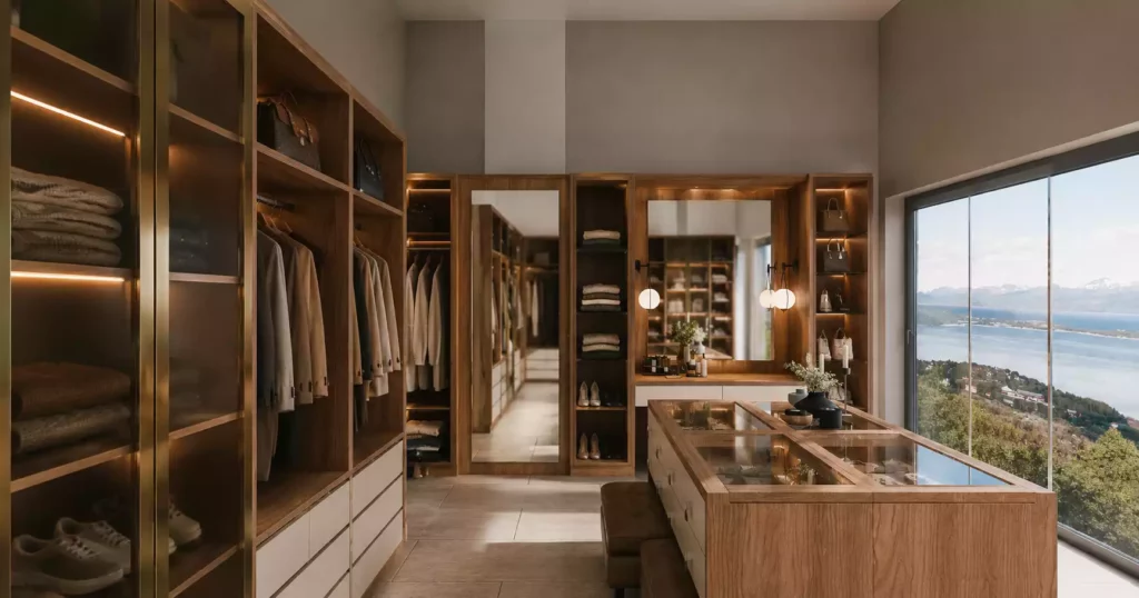 A luxurious walk-in wardrobe with lit wooden shelves, a glass-top central island, and a built-in vanity station next to a scenic window view.