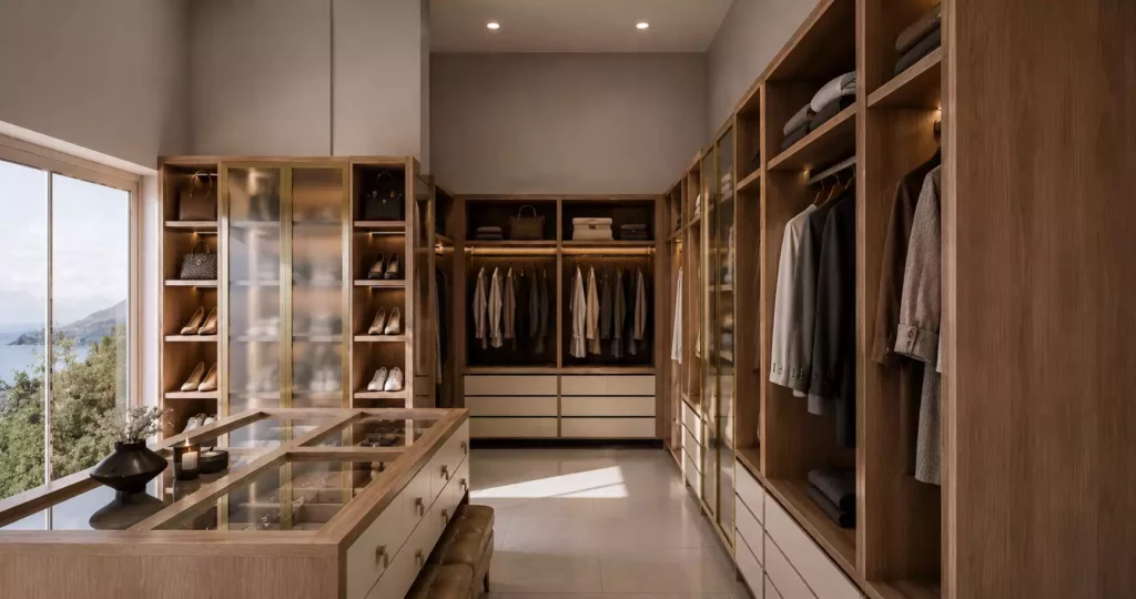 A luxurious walk-in wardrobe with a glass-top central island, wooden clothing displays, and a large window showing a scenic coastal landscape.