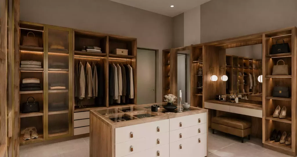 A luxurious walk-in wardrobe with lit wooden display shelves, a central island with a glass top, and a built-in vanity station.