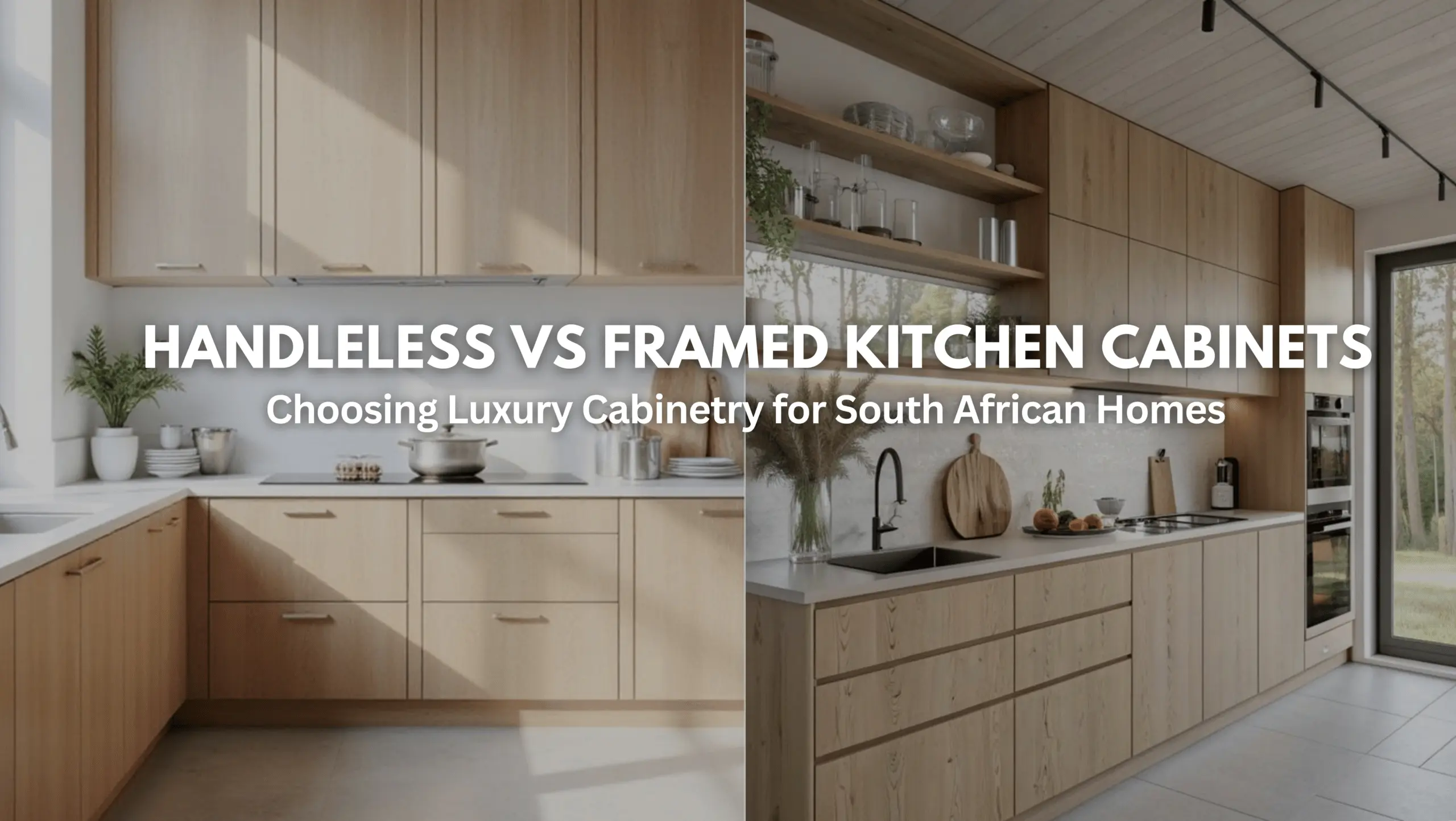 A split-screen image showing two light wood modern kitchens, with overlaid text that reads: "Handleless vs Framed Kitchen Cabinets: Choosing Luxury Cabinetry for South African Homes.