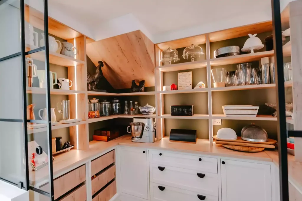 Modern walk-in pantry with light wood shelving and white cabinets.