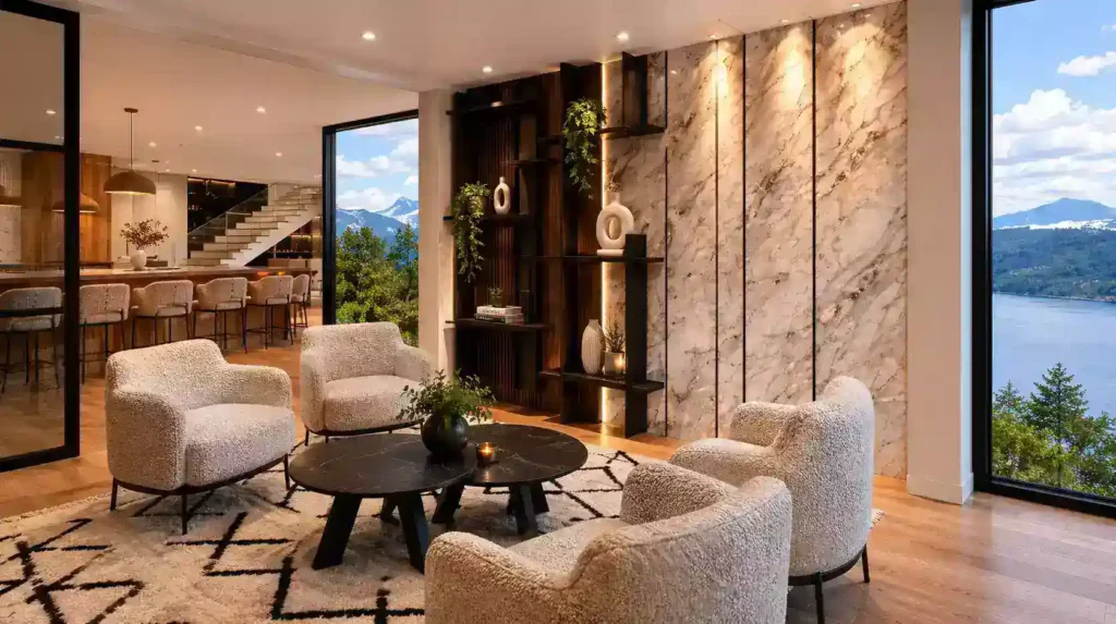 A sophisticated, open-plan living space featuring four textured cream armchairs arranged around nested black marble coffee tables, set against a dramatic wall of floor-to-ceiling marble and dark wood shelving, with a seamless view of a lake and mountains through expansive windows.