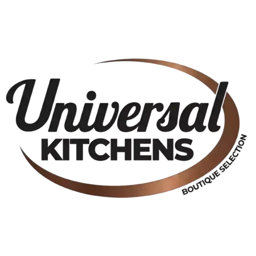 The official logo for Universal Kitchens Boutique Selection, featuring the company name in a bold, stylized font framed by a sweeping bronze-colored arc