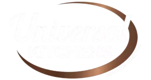 The official logo for Universal Kitchens Boutique Selection, featuring the company name in a bold, stylized white font framed by a sweeping bronze-colored arc against a black background