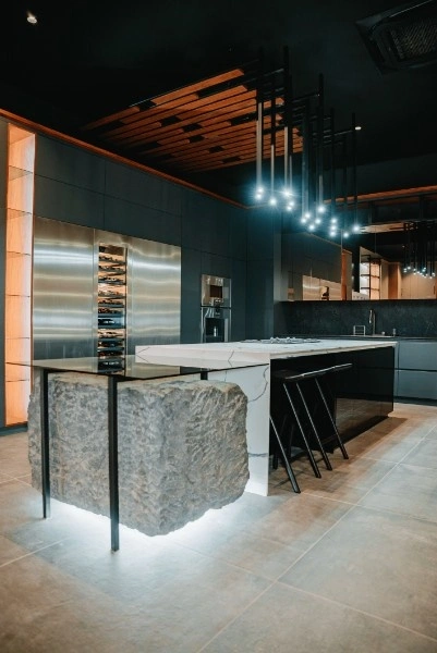 Cape Winelands showroom kitchen with hanging lights