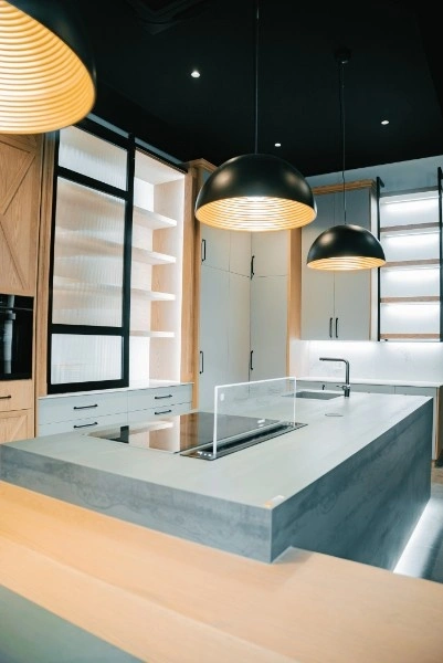 Cape Winelands showroom kitchen with hanging lights