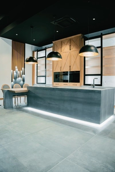 Cape Winelands showroom kitchen with hanging lights