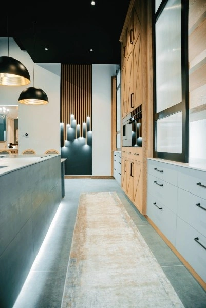 Cape Winelands showroom kitchen with hanging lights