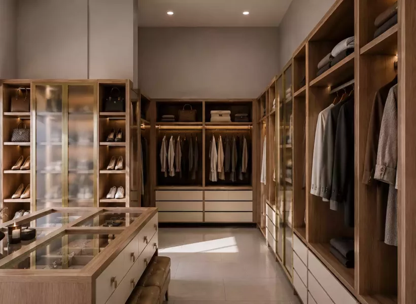 A luxurious walk-in wardrobe with a glass-top central island, wooden clothing displays, and a large window showing a scenic coastal landscape.